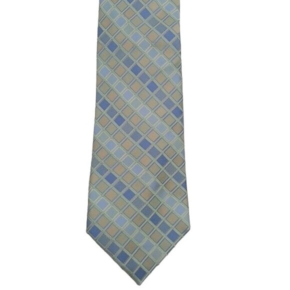 Perry Ellis Portfolio Mens 100% Silk Tie Blue Geometric Pattern Necktie